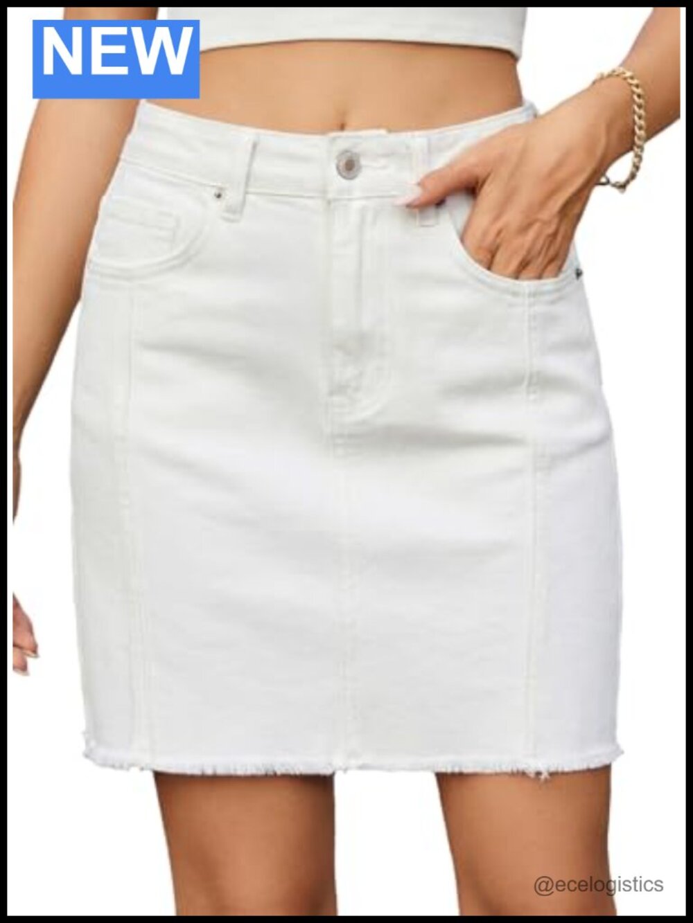 High Waist Stretch Denim Skirt with Raw Hem Button Front